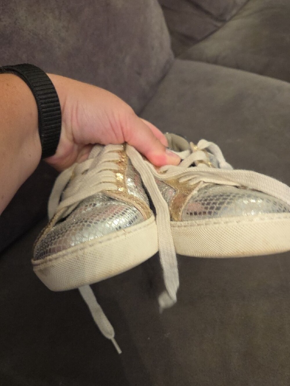 All Saints Metallic Silver and Gold Snake-Embossed Lace-Up Sneakers - Picture 5 of 8